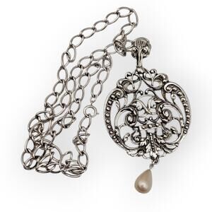 Avon Ornate Filigree Pearl Drop Pendant Necklace – Gothic Victorian Style